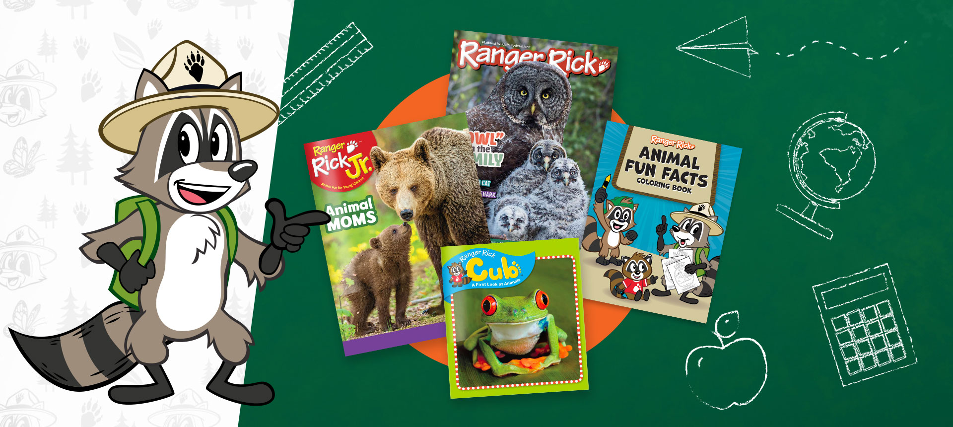 Ranger Rick magazine covers next to Ranger Rick with school themed icons in background