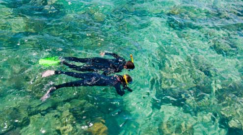 Aerial view of two snorkelers in water