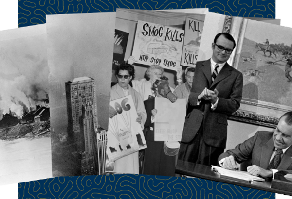Collage of historic images of pollution and policy