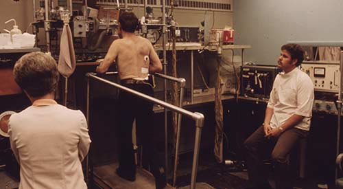 A coal miner in the Appalachian Regional Hospital’s Black Lung Laboratory in Beckley, West Virginia undergoes tests for lung capacity and heart rate.