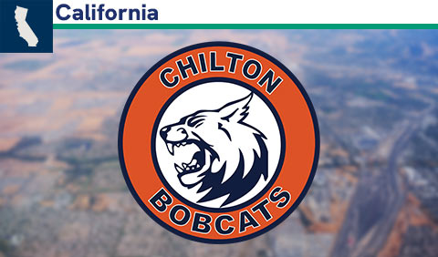 Chilton Bobcats logo over aerial view of landscape; small map of California