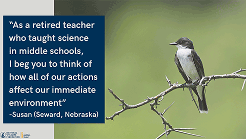 "As a retired teacher who taught science in middle schools, I beg you to think of how all of our actions affect our immediate environment." - Susan (Seward, Nebraska)