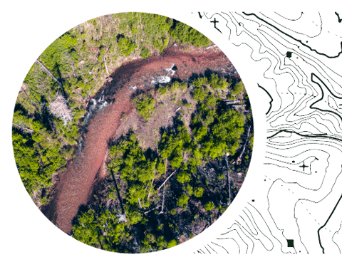 Aerial view of forest area with topographic contour pattern next to it