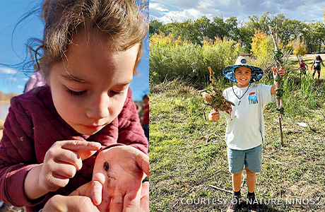 A collage of an image of a child holding a bug and an image of a child holding a boat built from natural objects.