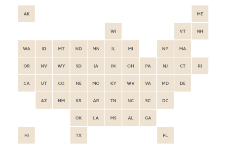 A graphic map of the United States with state abbreviations.