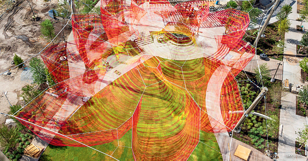 An image of an aerial sculpture installation, Butterfly Rest Stop, by Janet Echelman.
